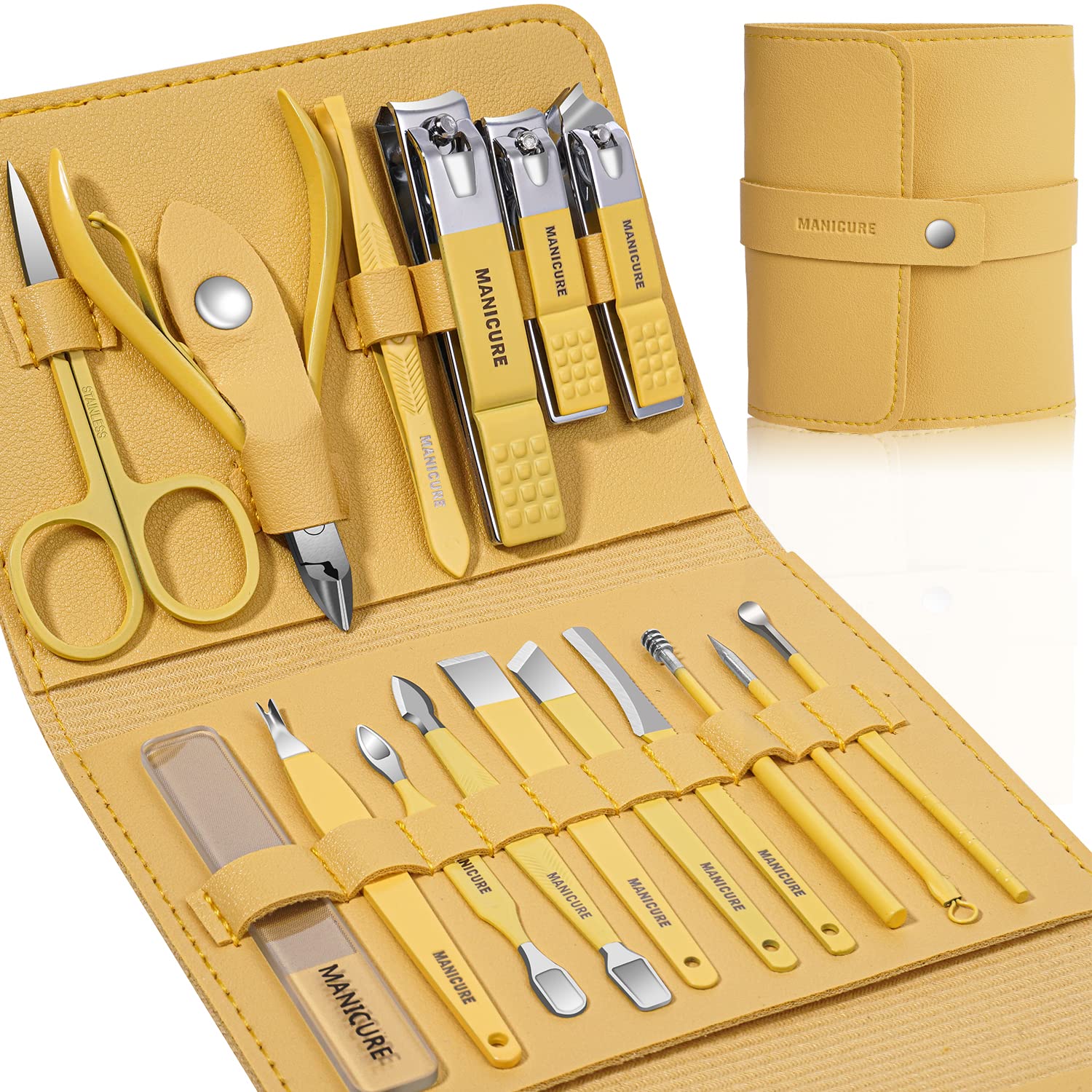 Leipple manicure set front view in yellow leather case for premium grooming on the go