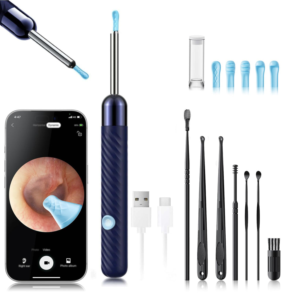 LEIPUT front view of blue ear camera wand showing controls and lens for clear inspection