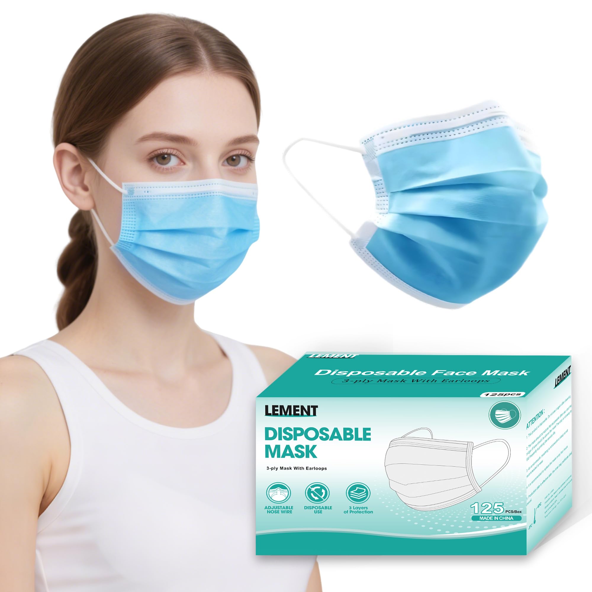 LEMENT 125-pcs blue disposable masks pack for everyday use and convenience.