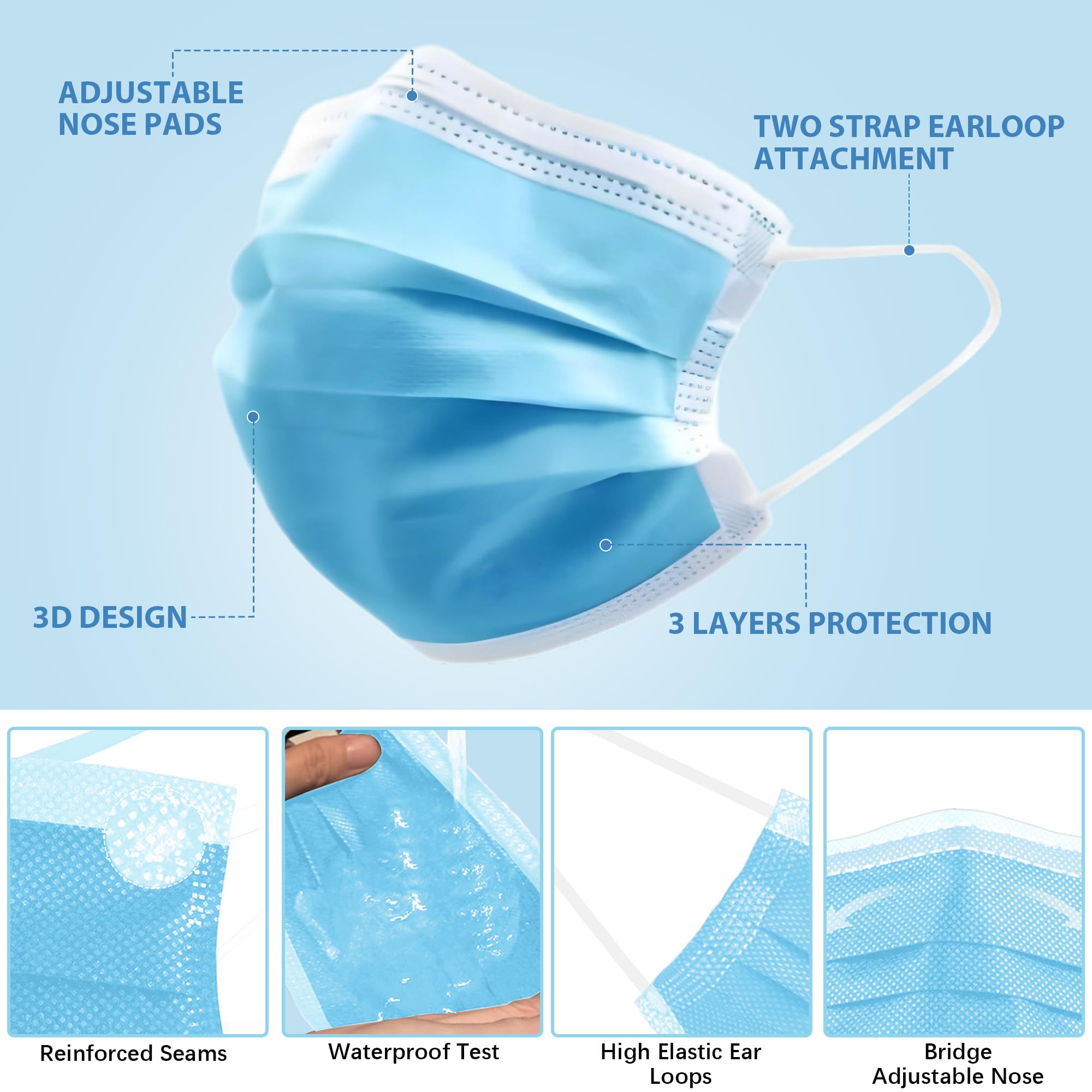 LEMENT 3-ply mask with elastic earloops, adult fit for comfortable wear.