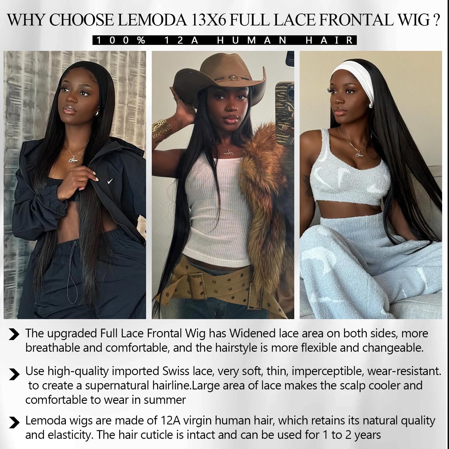 Lemoda wig with four combs and two adjustable straps for secure fit