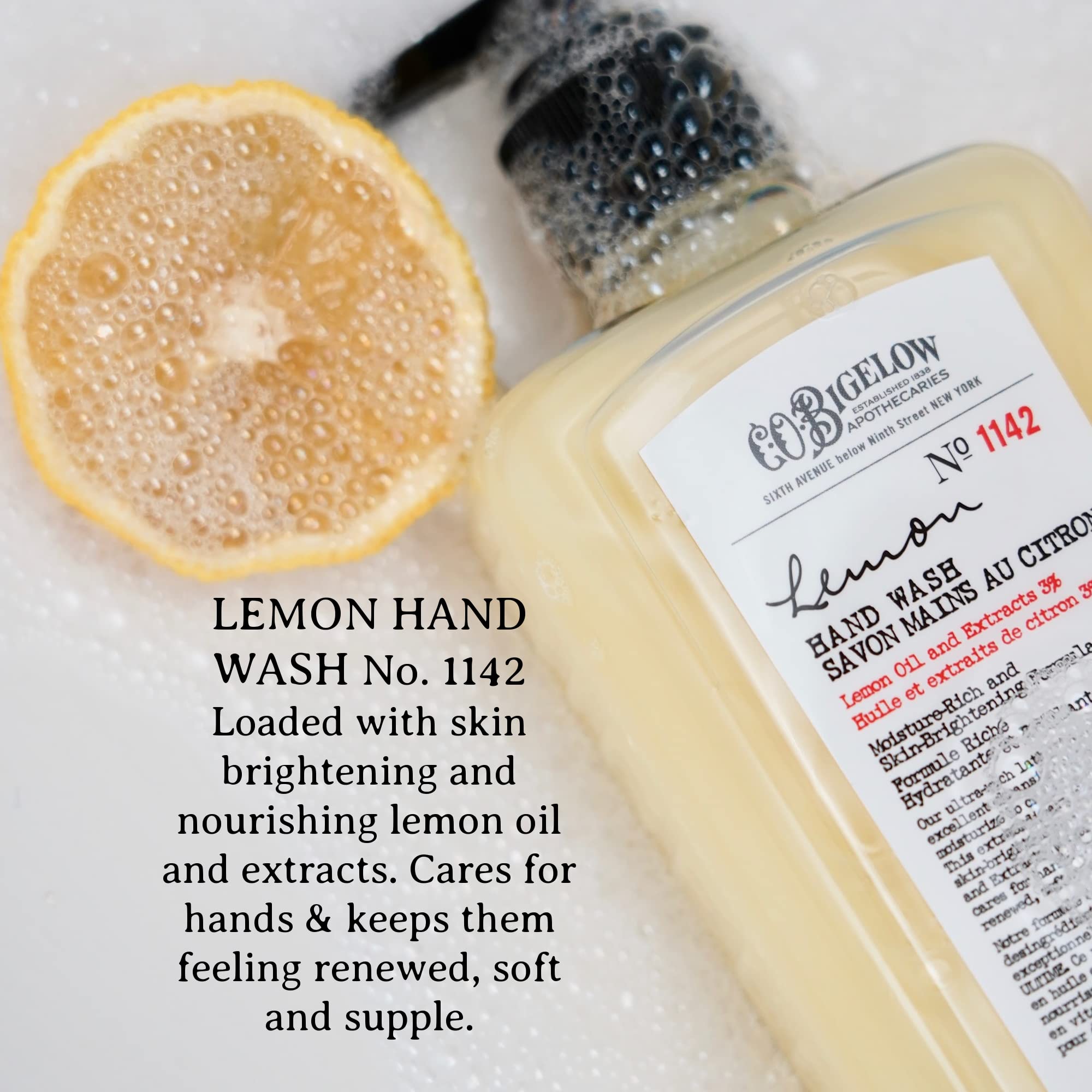 Lemon slices and leaves with C.O. Bigelow Hand Wash evoke refreshing citrus scent.