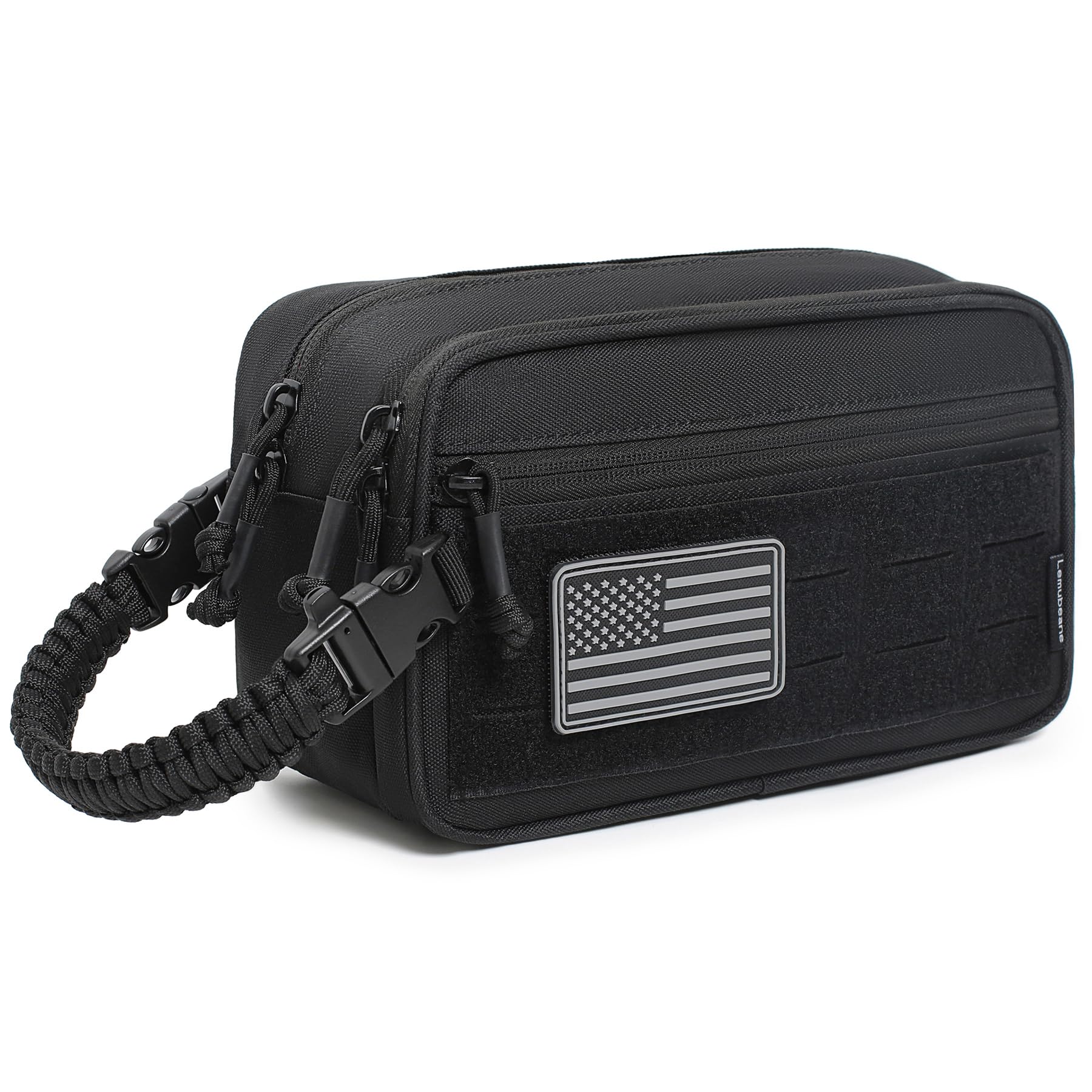 Lemubeane tactical toiletry bag front view highlights rugged durability for outdoor travel