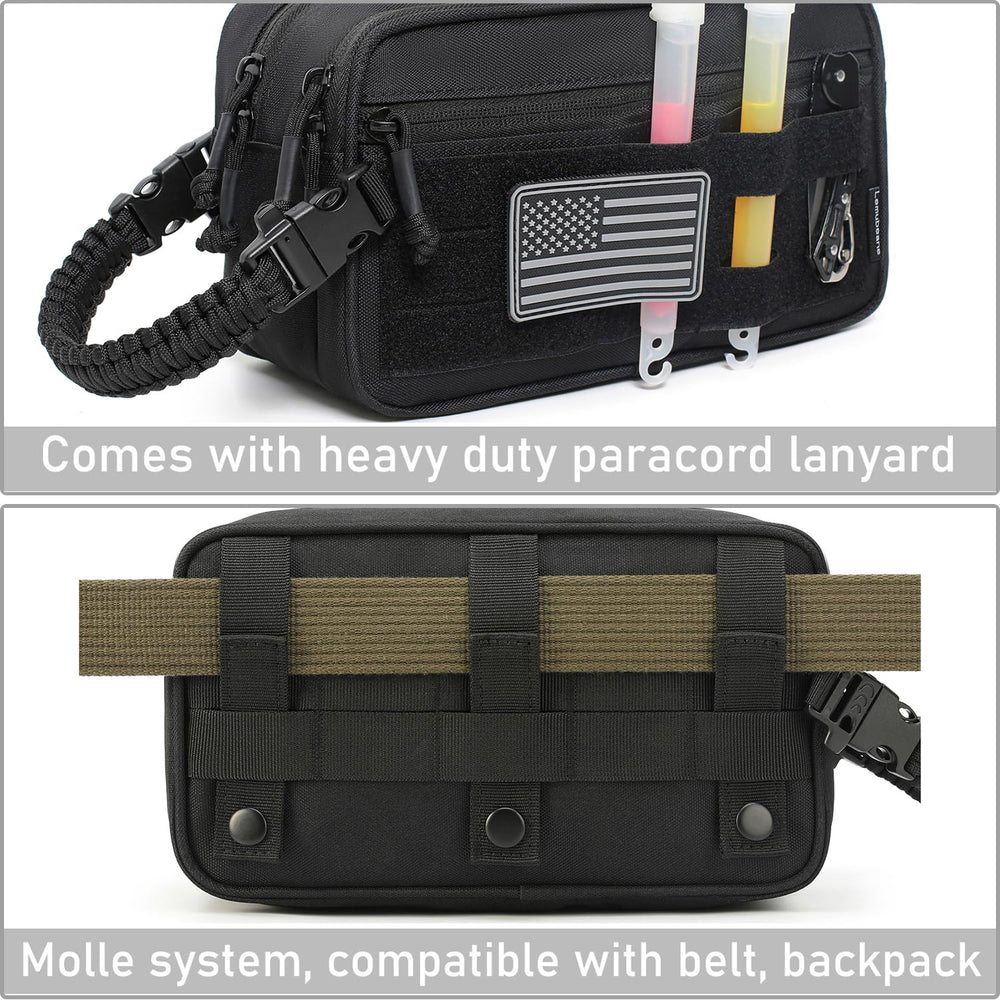 Lemubeane tactical toiletry bag side view with MOLLE clip shows modular carry options