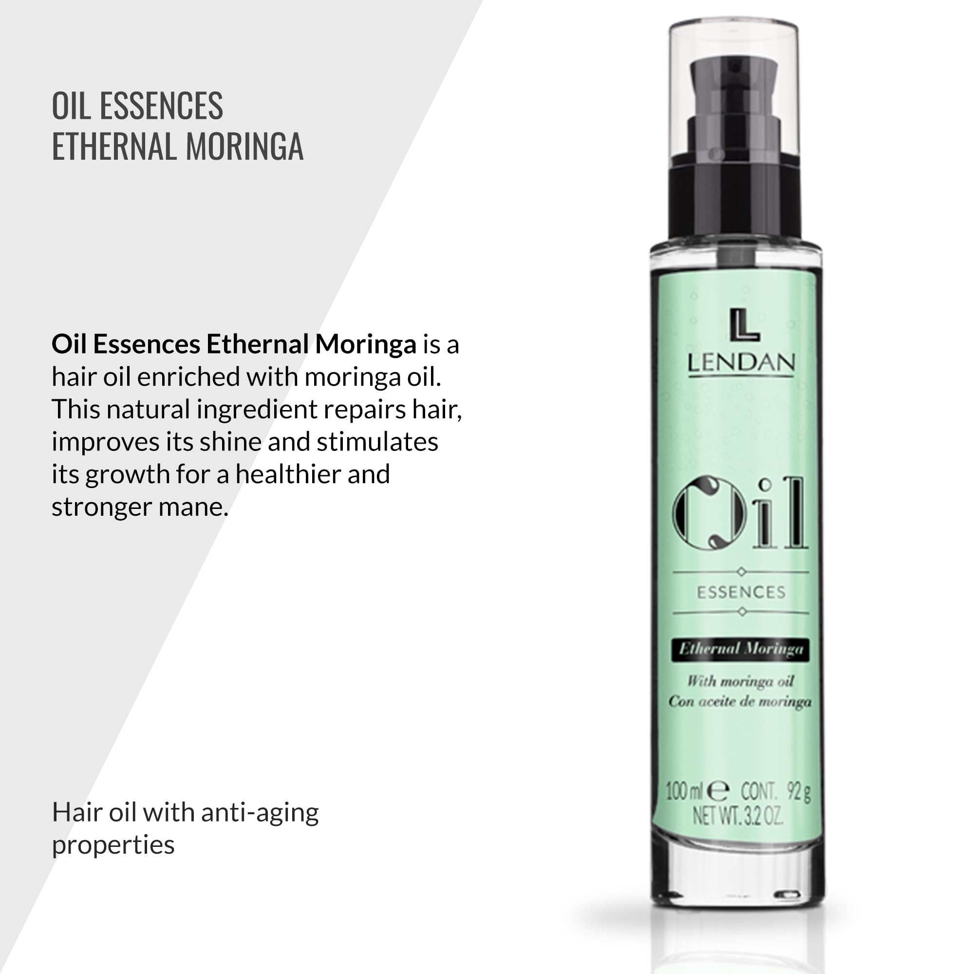 Lendan moringa oil essences ingredients close-up highlights nourishing fatty acids for hair health