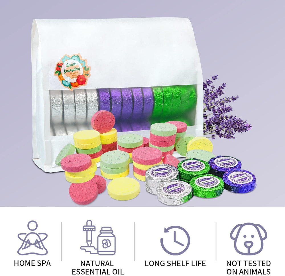 Leoce shower steamers in use on shower floor releasing aroma.