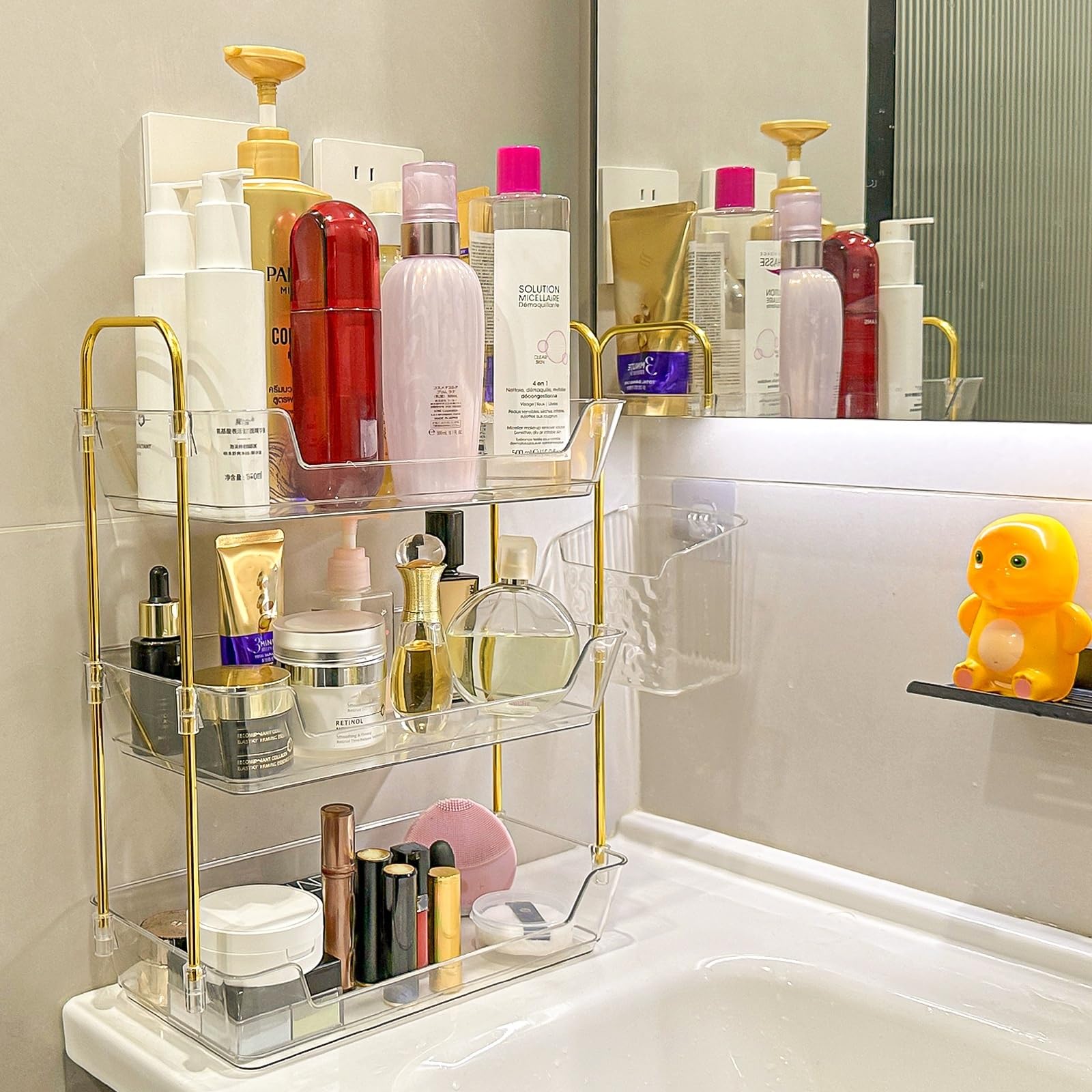Leoenir 3-Tier Bathroom Organizer side view shows stable spacer and elegant brackets for secure storage.