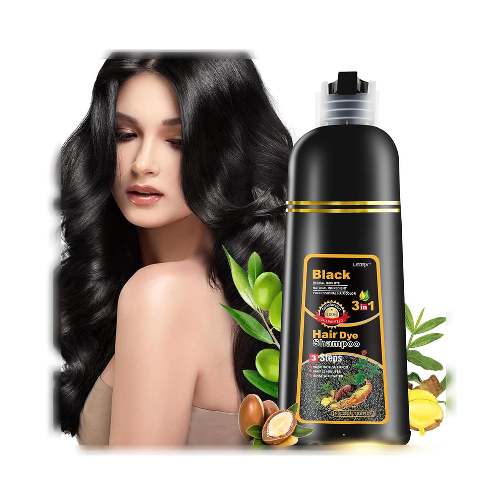 Leorx black hair dye shampoo bottle showing quick gray coverage and 3-in-1 care