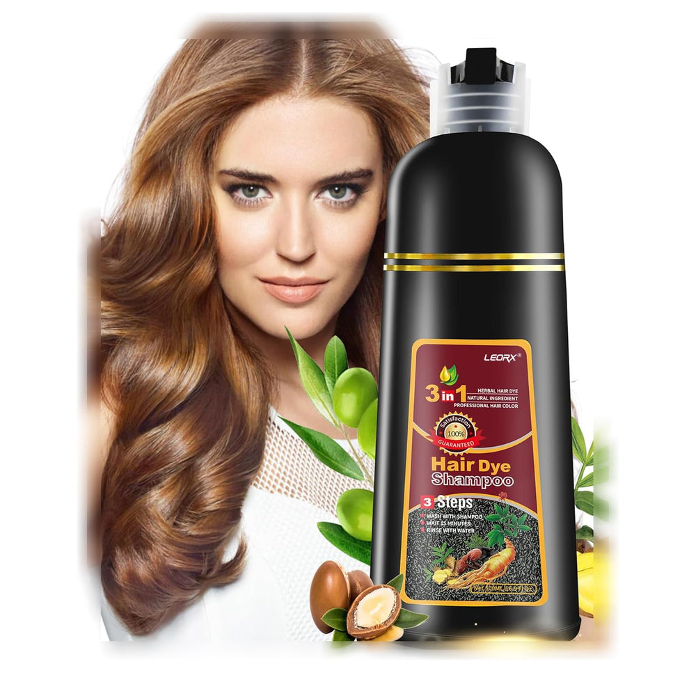 Leorx Hair Dye Shampoo bottle shows 3-in-1 color solution