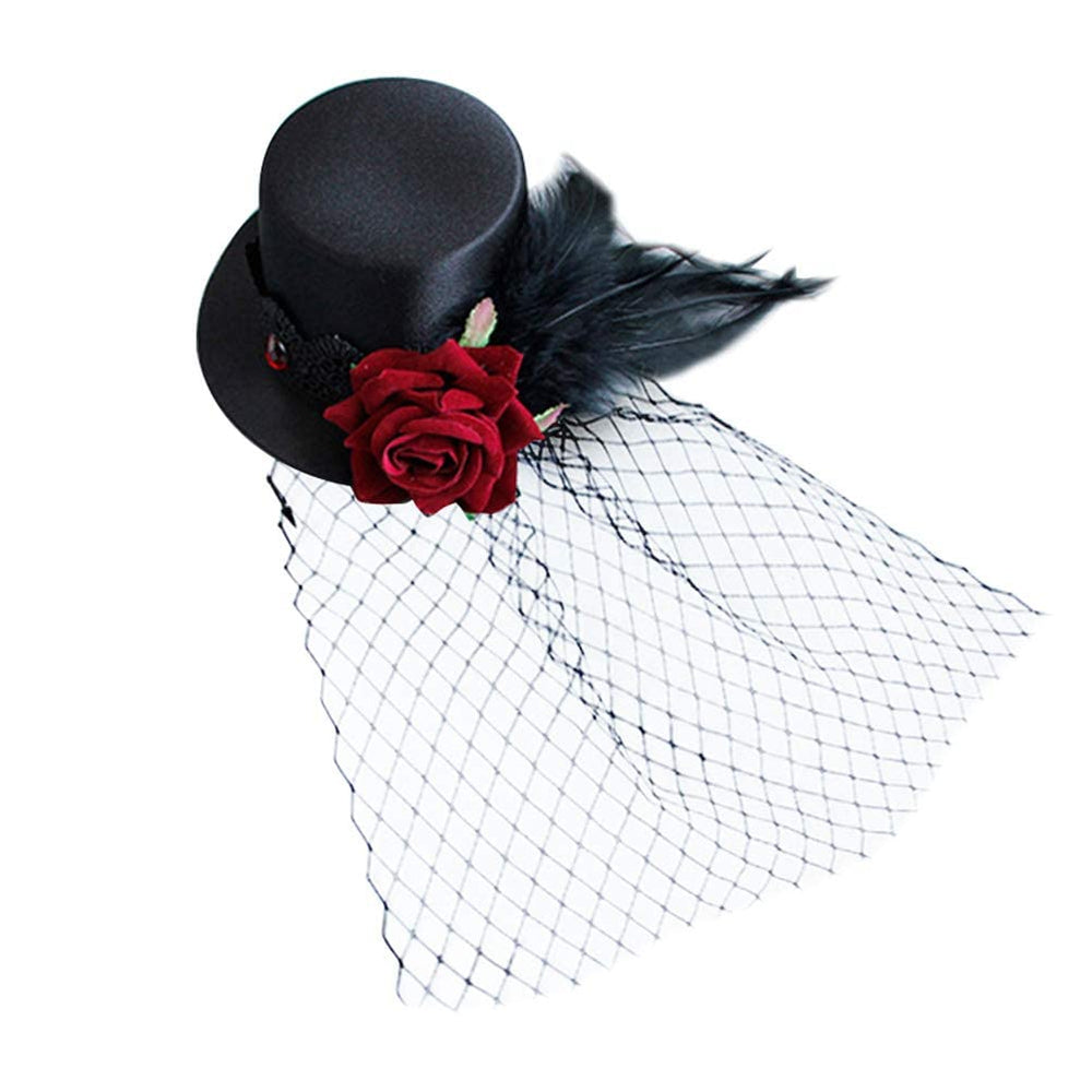 LEORX small top hat with black veil and red rose for masquerade flair.