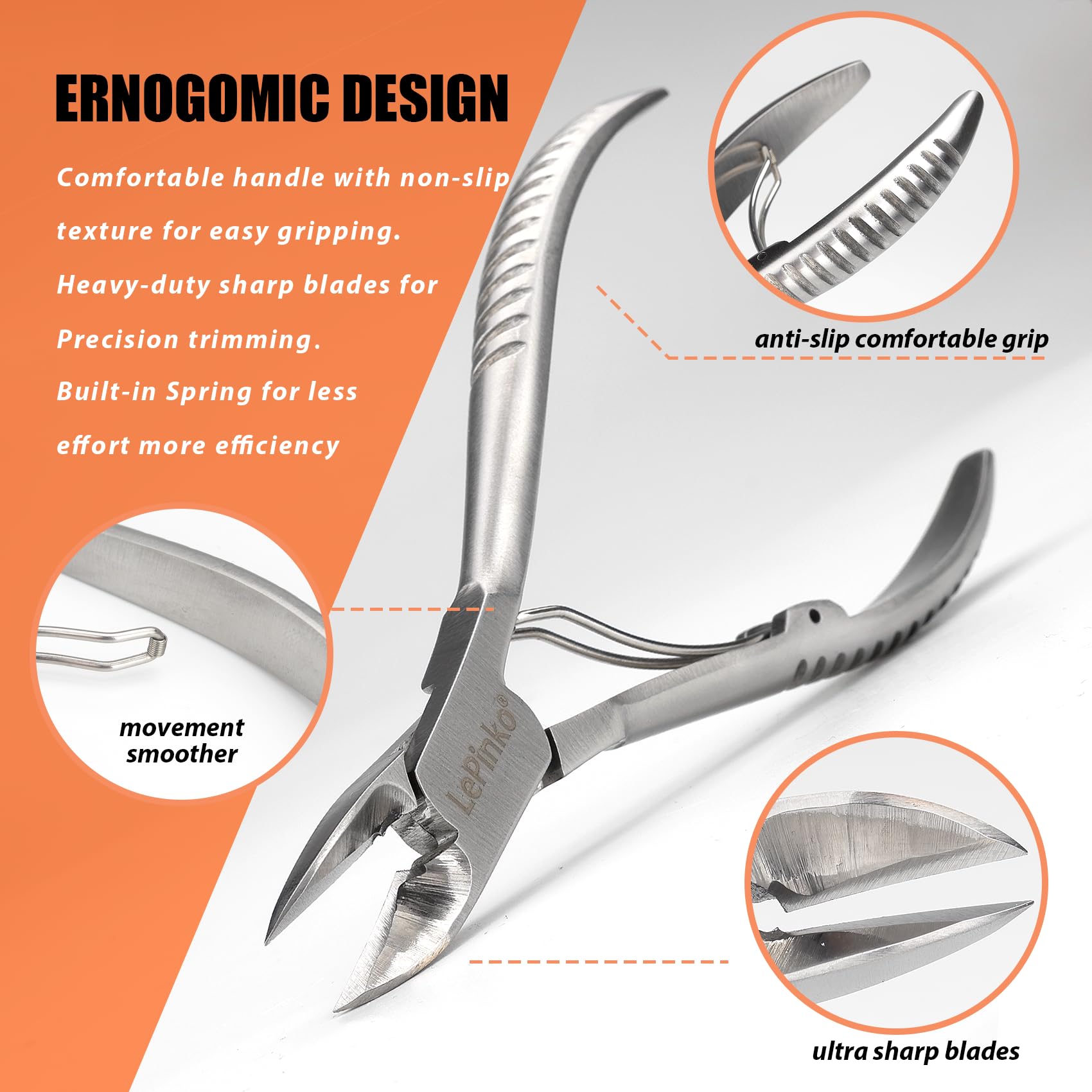 LePinko 25-degree blade follows nail curvature for smooth trimming.