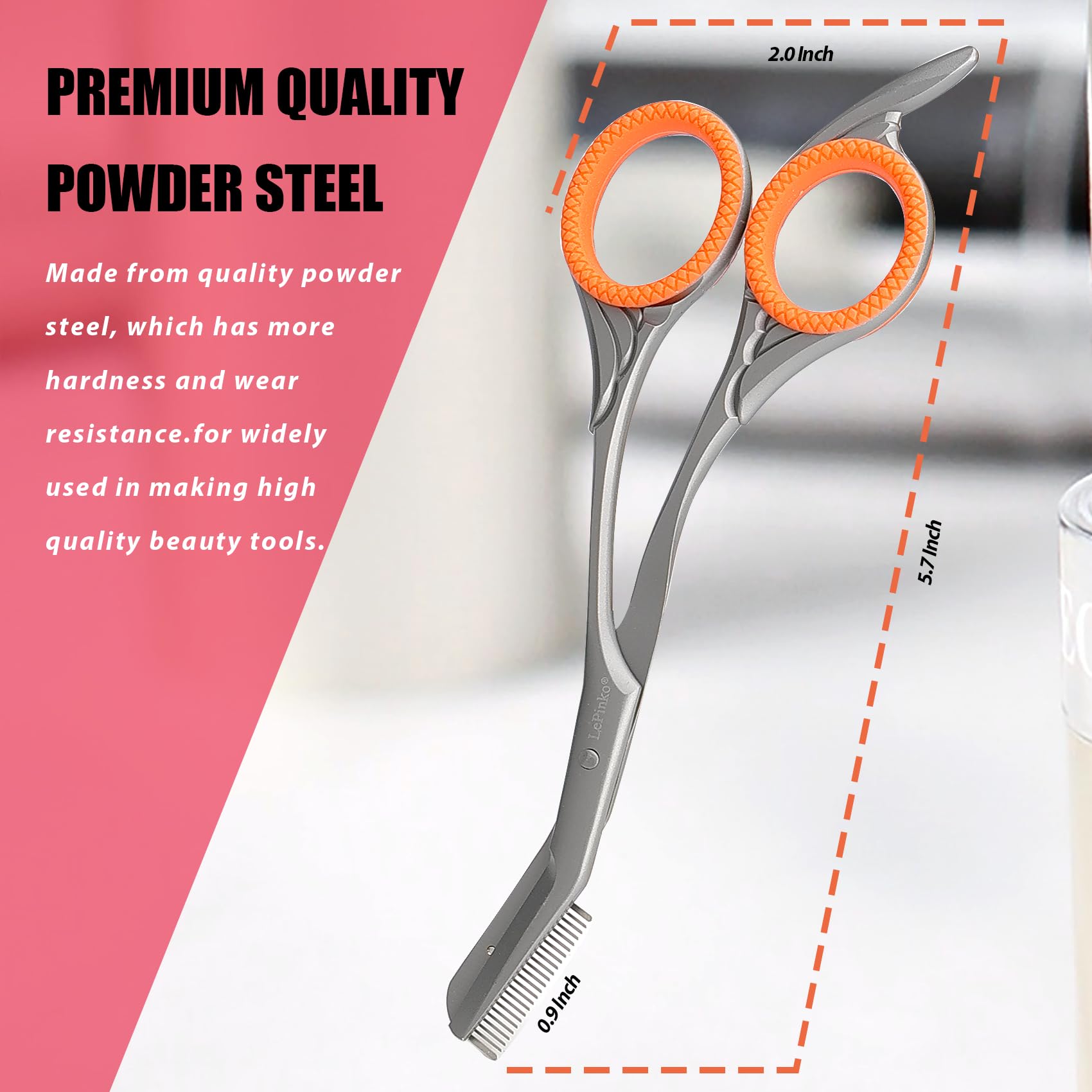 LePinko eyebrow trimming scissors ergonomic handle for comfortable, controlled grooming.