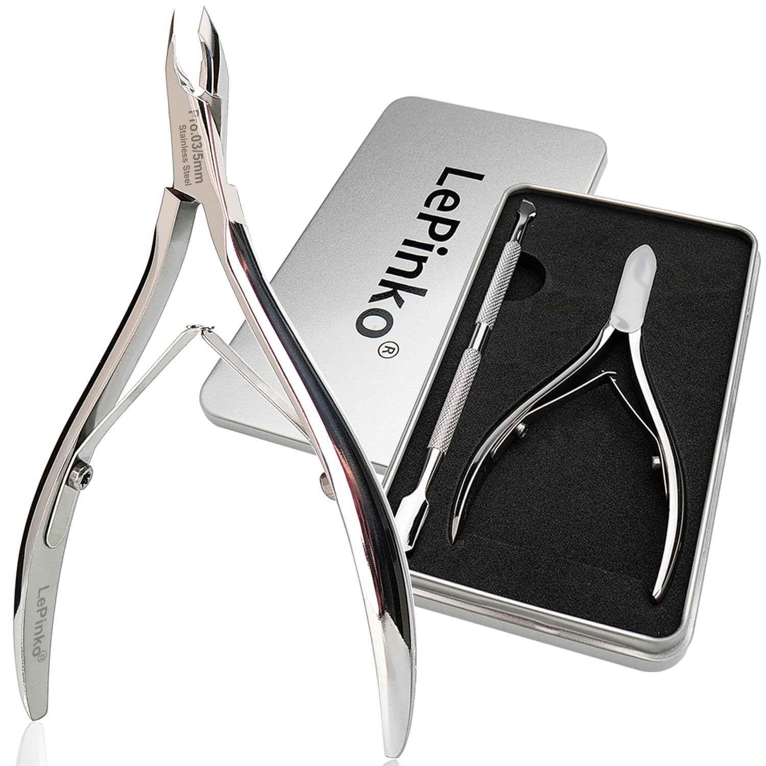 LePinko cuticle-trimmer with cuticle pusher close-up for precise trimming