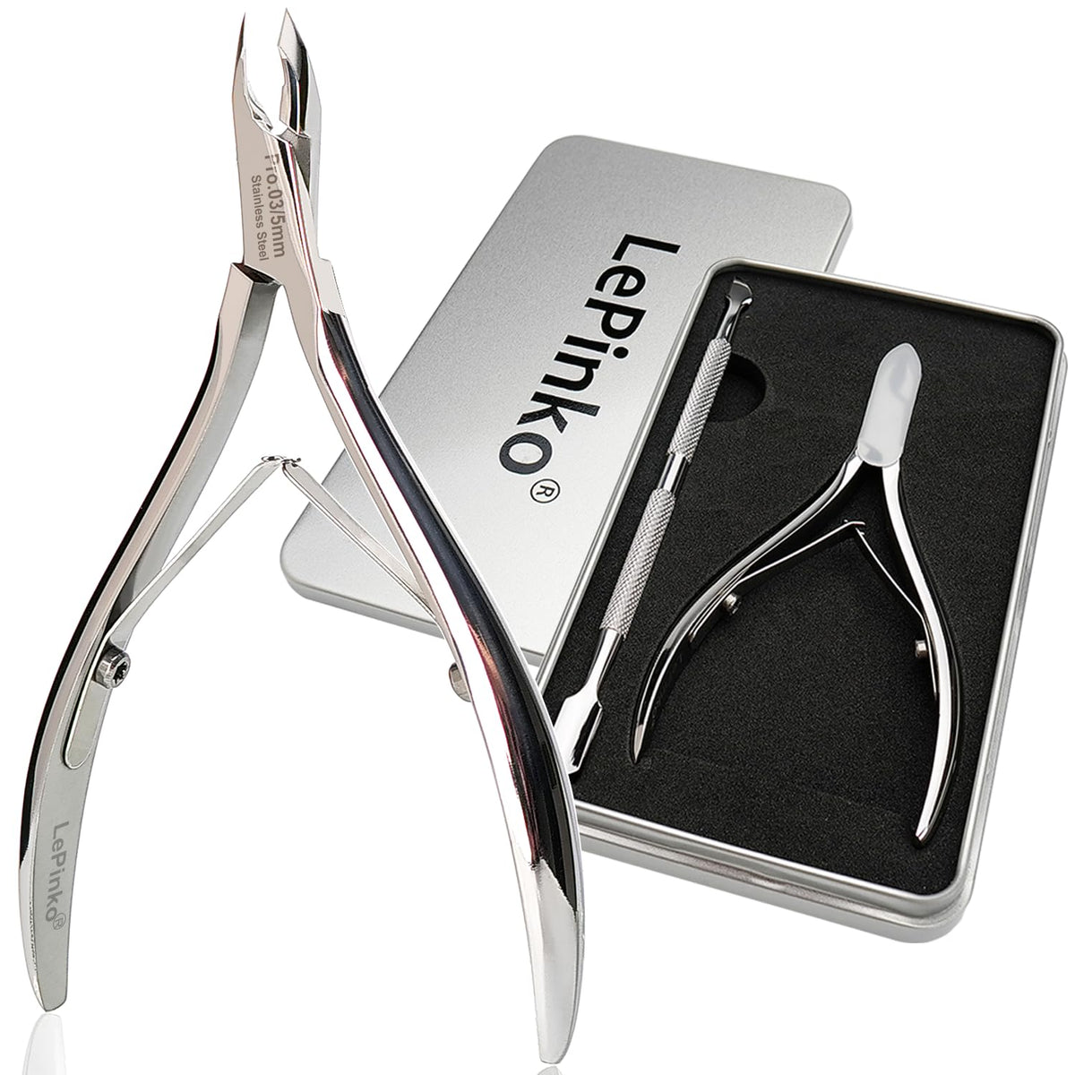 LePinko cuticle-trimmer with cuticle pusher close-up for precise trimming