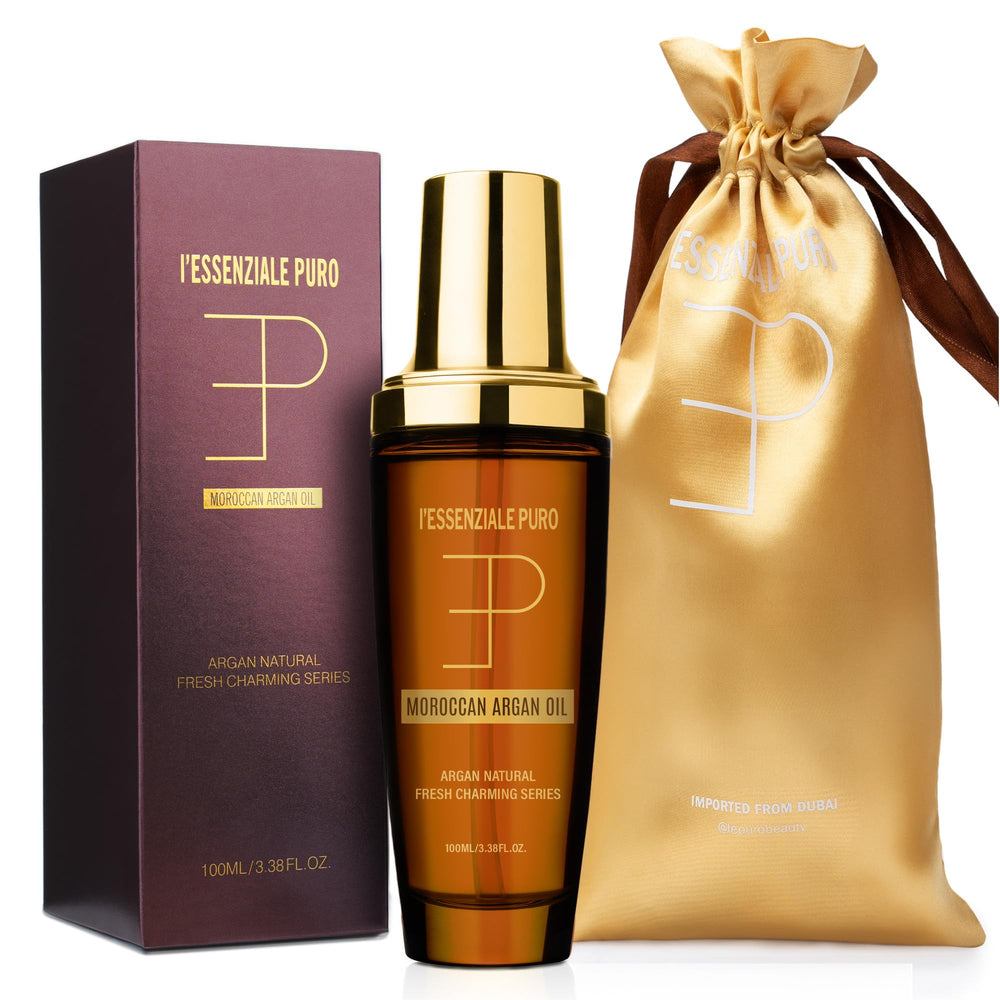 LEPURO Dubai Premium Elixir bottle highlights argan oil for glossy, frizz-free hair.