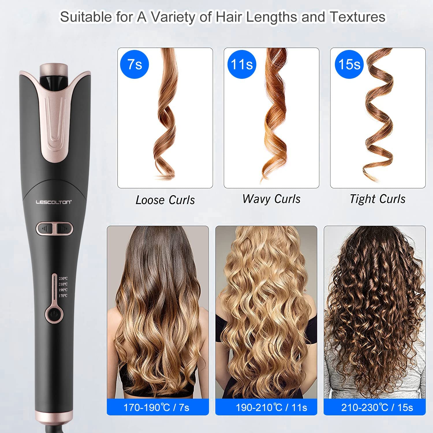 LESCOLTON heats up in about 30 seconds for quick styling.