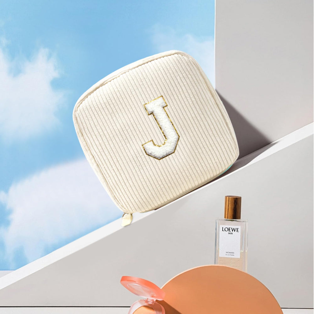 Letgo beige monogram bag with gold glitter chenille patch adds chic style