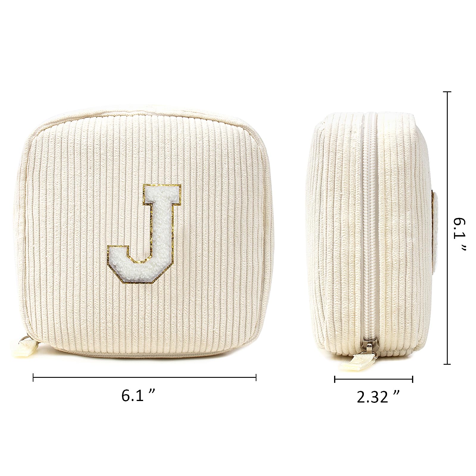 Letgo monogram makeup bag initial J beige zipper closeup shows skin-friendly patch