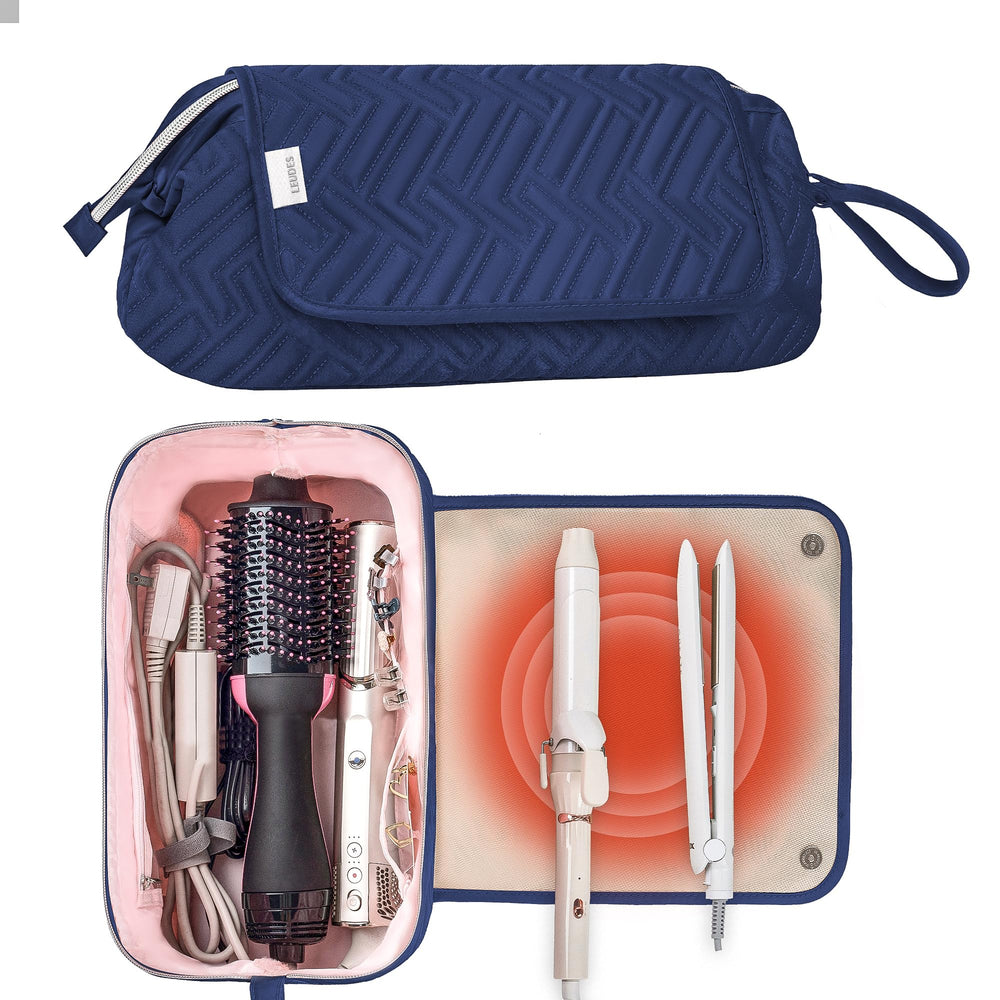 Leudes travel bag navy front view showing organized storage for hot tools