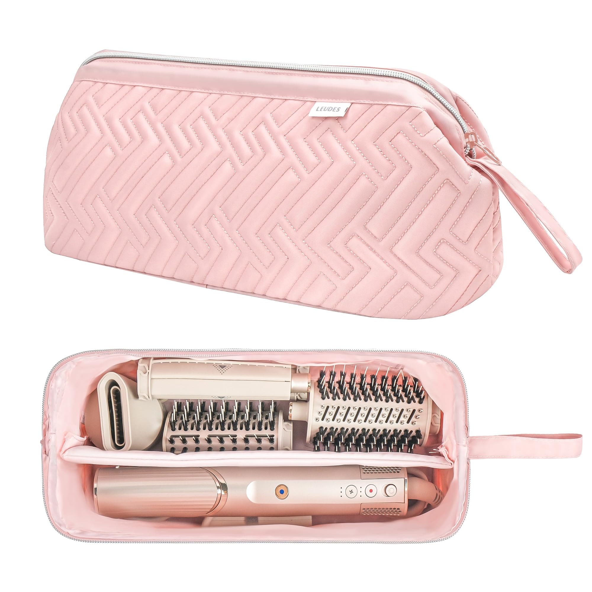 Leudes travel bag front view shows a compact pink case for styling gear
