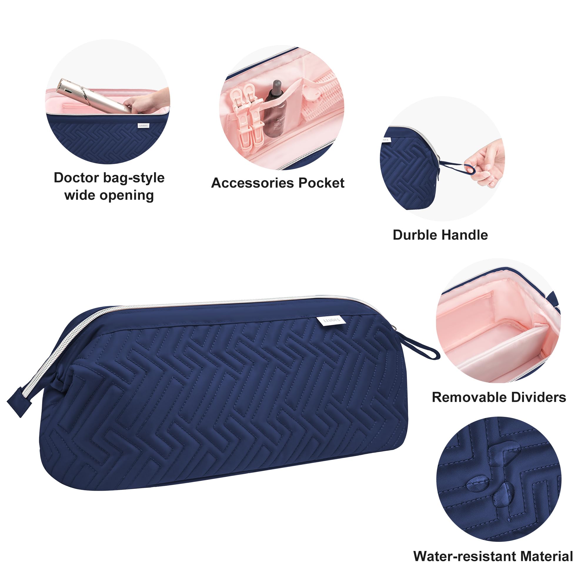 Leudes travel bag hand carry handle emphasizes portable, space-saving grooming setup.