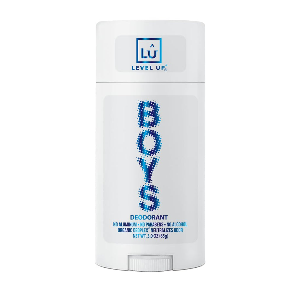 Level Up boys deodorant bottle front shows aluminum-free protection for active kids.