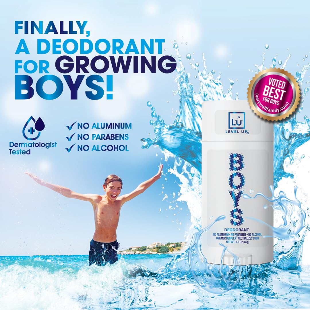 Level Up made in the USA label highlights safe, dermatologist-tested care for growing boys.