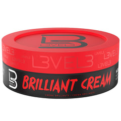 Level 3 Brilliant Cream bottle closeup shows hydrating formula for sleek looks and lasting hold