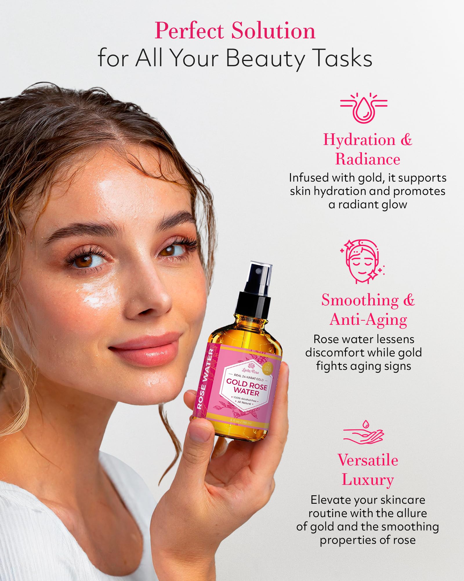 Leven Rose 24K Gold Rose Water Toner close-up shows luxury gold particles.
