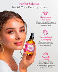 Leven Rose 24K Gold Rose Water Toner close-up shows luxury gold particles.