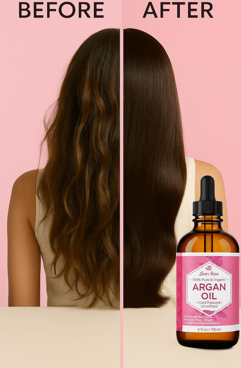 Argan oil on hair ends demonstrates frizz reduction and shine.