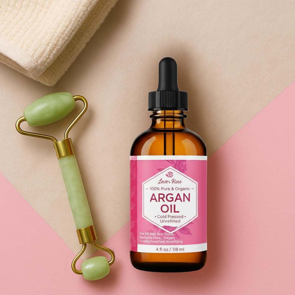 Pouring view of Leven Rose Argan Oil shows light, fast absorption.