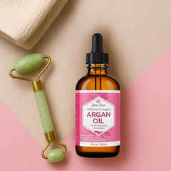 Pouring view of Leven Rose Argan Oil shows light, fast absorption.