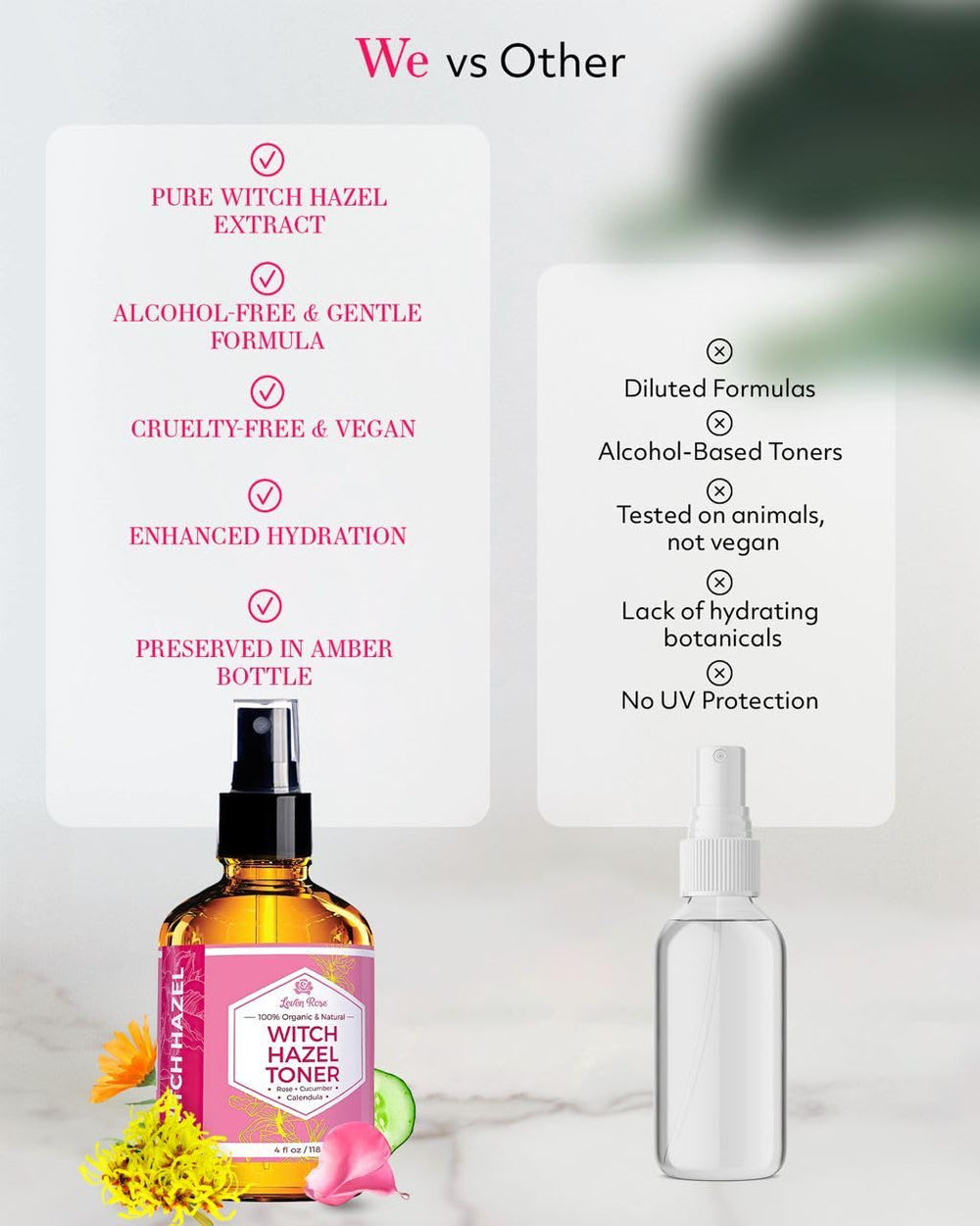 Fresh cucumber and chamomile visible in Leven Rose bottle suggesting gentle skin soothing.