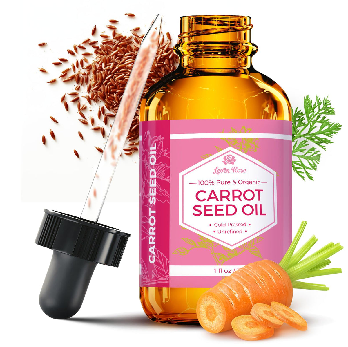 Leven Rose Carrot Seed Oil bottle in amber glass protects purity for skin and hair use.