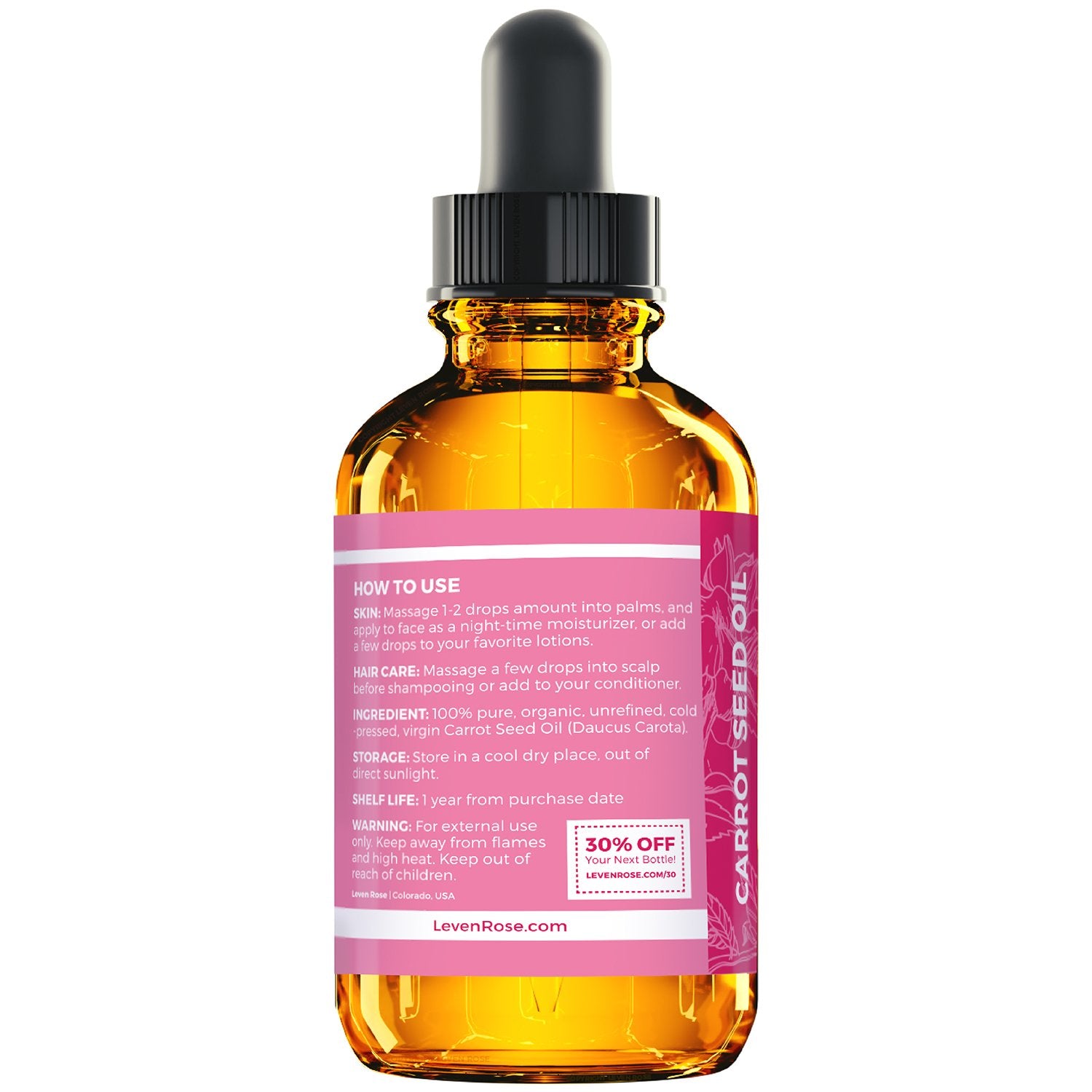 Leven Rose carrot seed oil hair care scalp use highlights nourishing scalp massage.