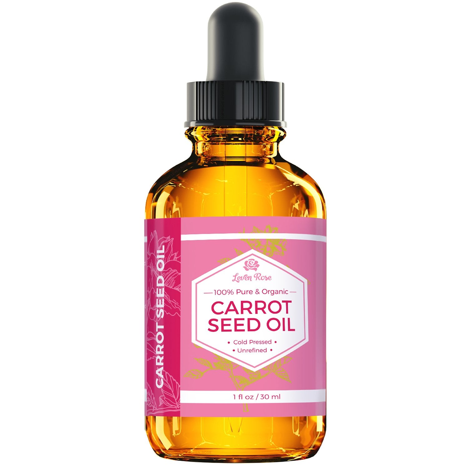 Leven Rose carrot seed oil one-ingredient highlights pure vegan formulation.