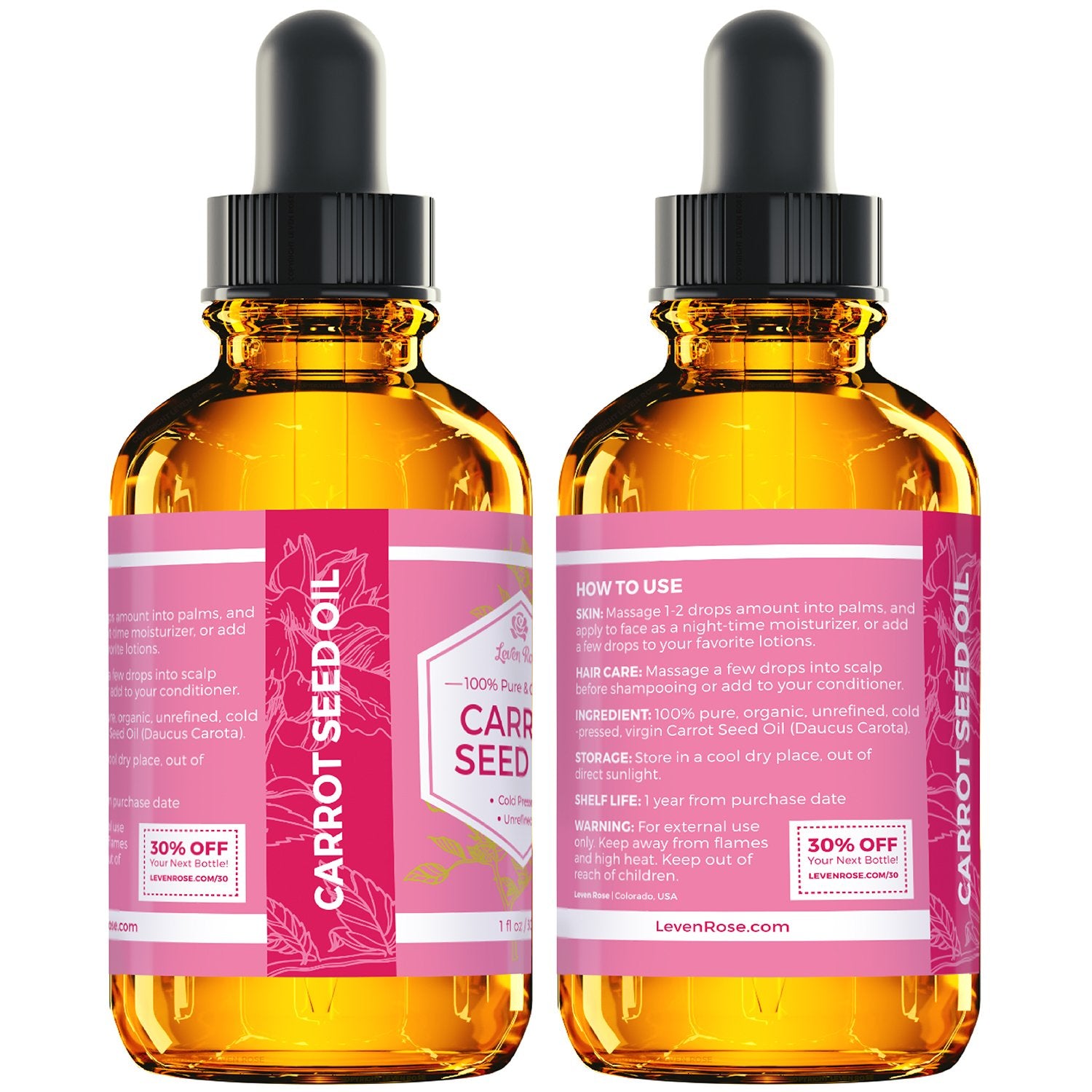 Leven Rose carrot seed oil USA-made label signals quality and ethical production.