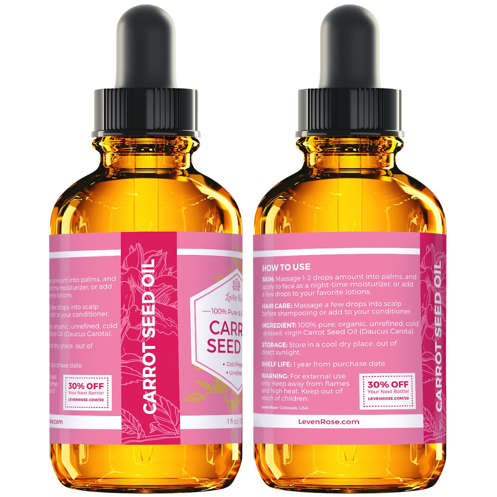 Leven Rose carrot seed oil USA-made label signals quality and ethical production.