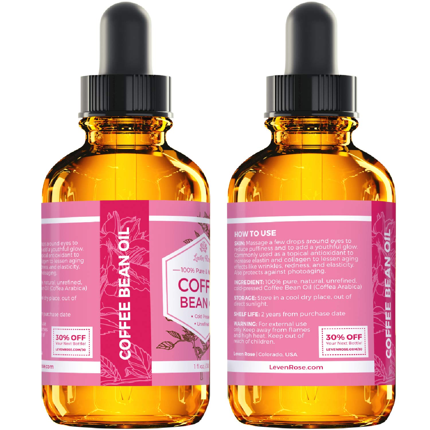 Leven Rose Coffee Bean Oil made in USA, cruelty-free, with gentle daily nourishment.