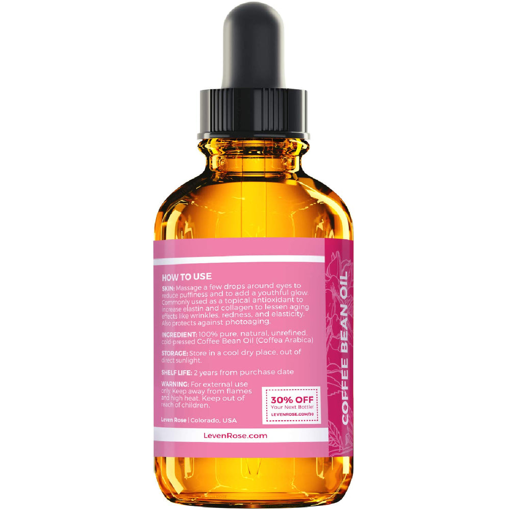 Leven Rose Coffee Bean Oil packaging amber bottle protects oil from light.