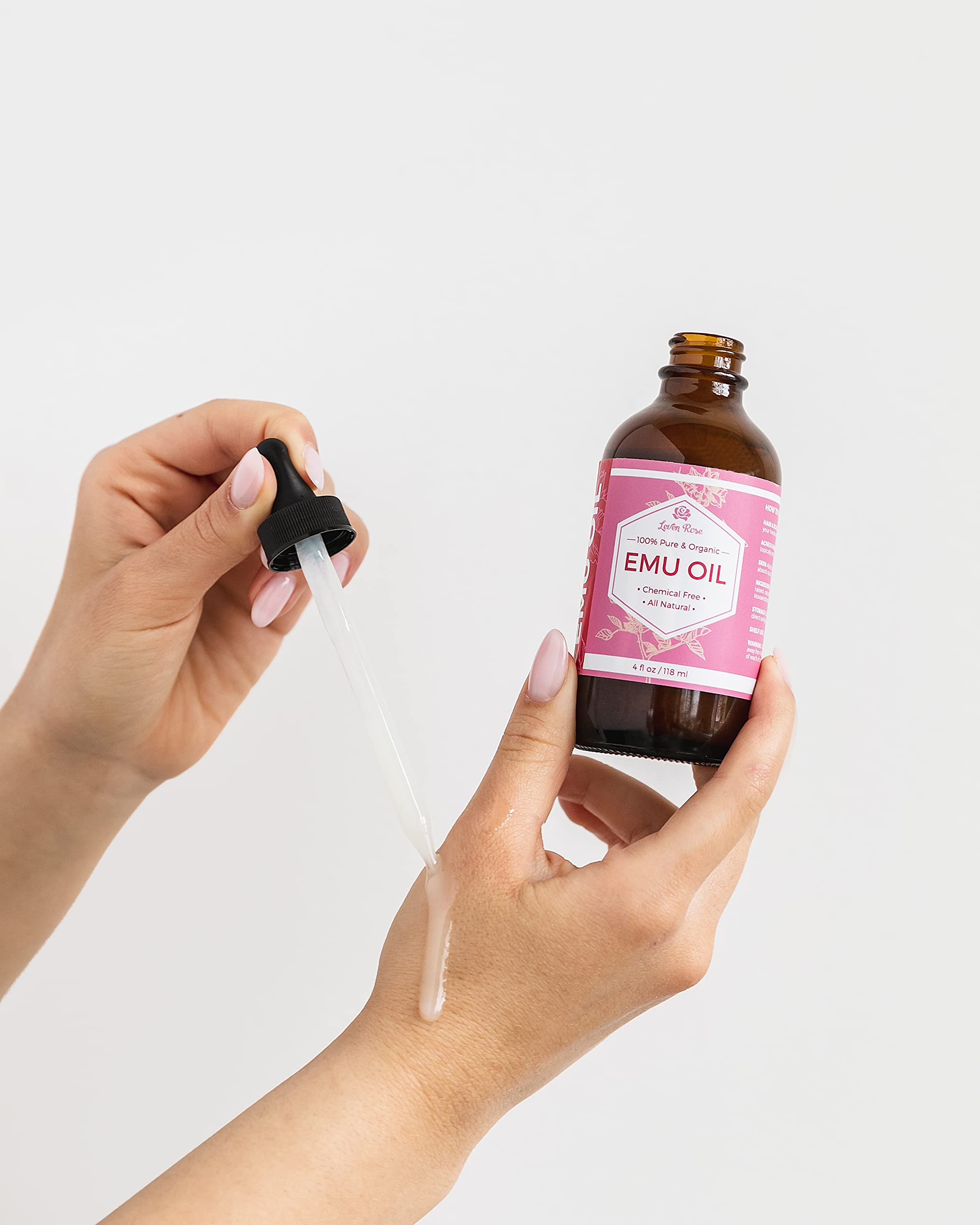 Leven Rose Emu Oil on hair and lips for moisture and shine