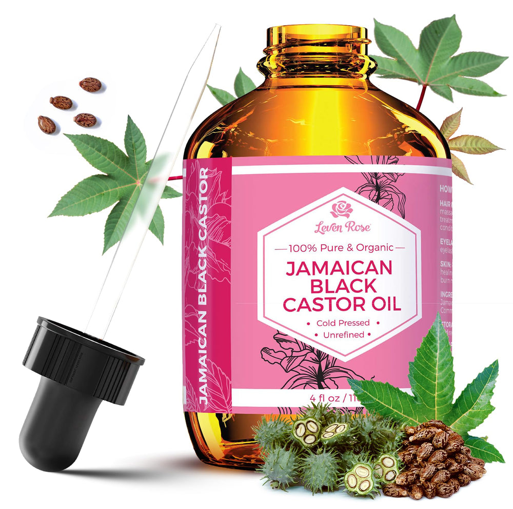 Leven Rose Jamaican Black Castor Oil bottle highlighting potential for hair growth.