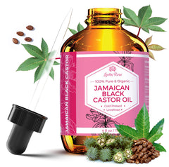 Leven Rose Jamaican Black Castor Oil bottle highlighting potential for hair growth.