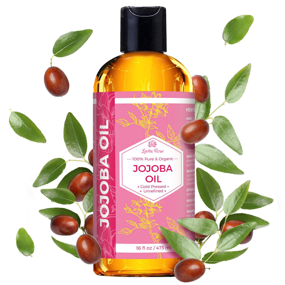 Leven Rose Jojoba Oil bottle on counter for skin and hair care benefits.