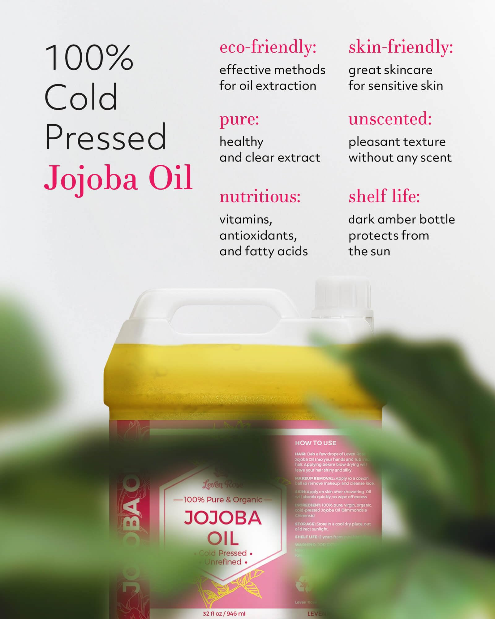 Leven Rose Jojoba Oil bulk 32oz US-made bottle ideal for DIY skincare.