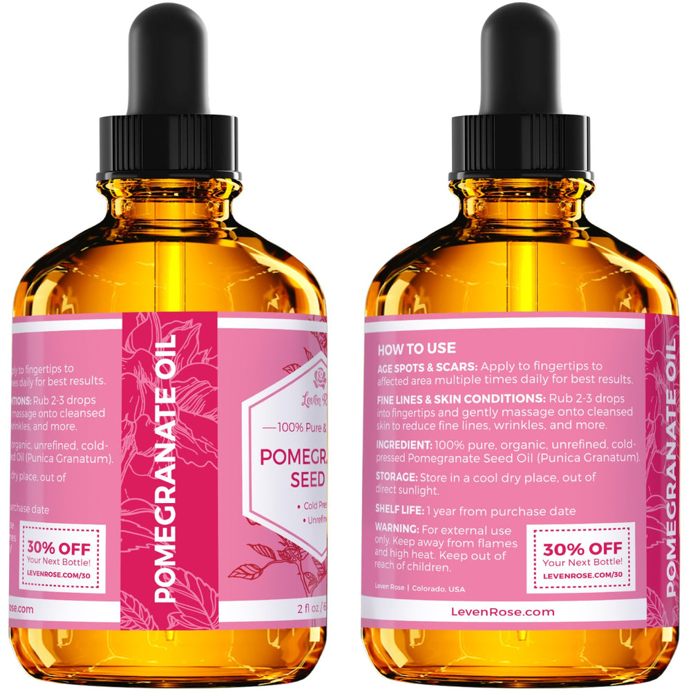 Leven Rose Pomegranate Oil amber packaging emphasizes light protection and potency preservation.