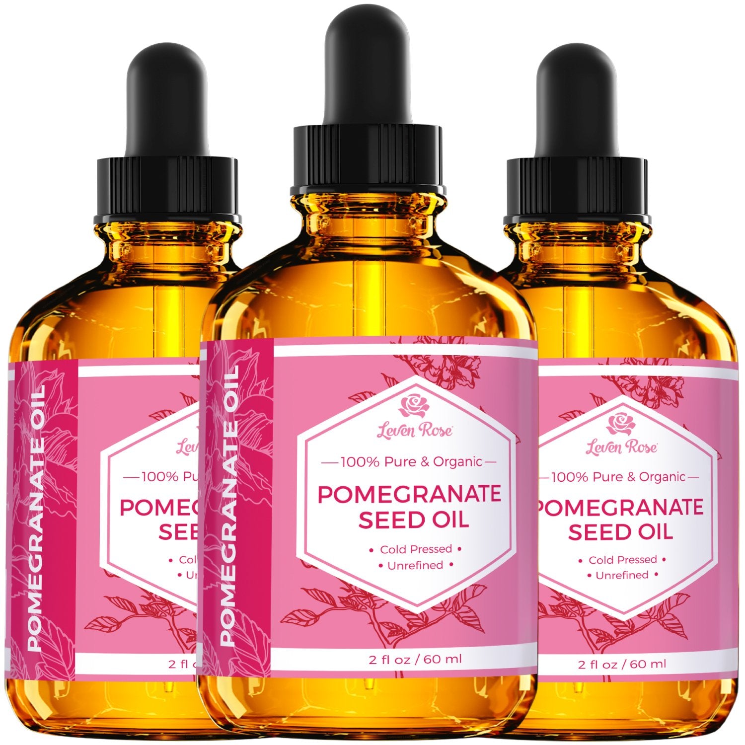 Leven Rose Pomegranate Oil no additives highlights pure organic ingredient with non-GMO features.