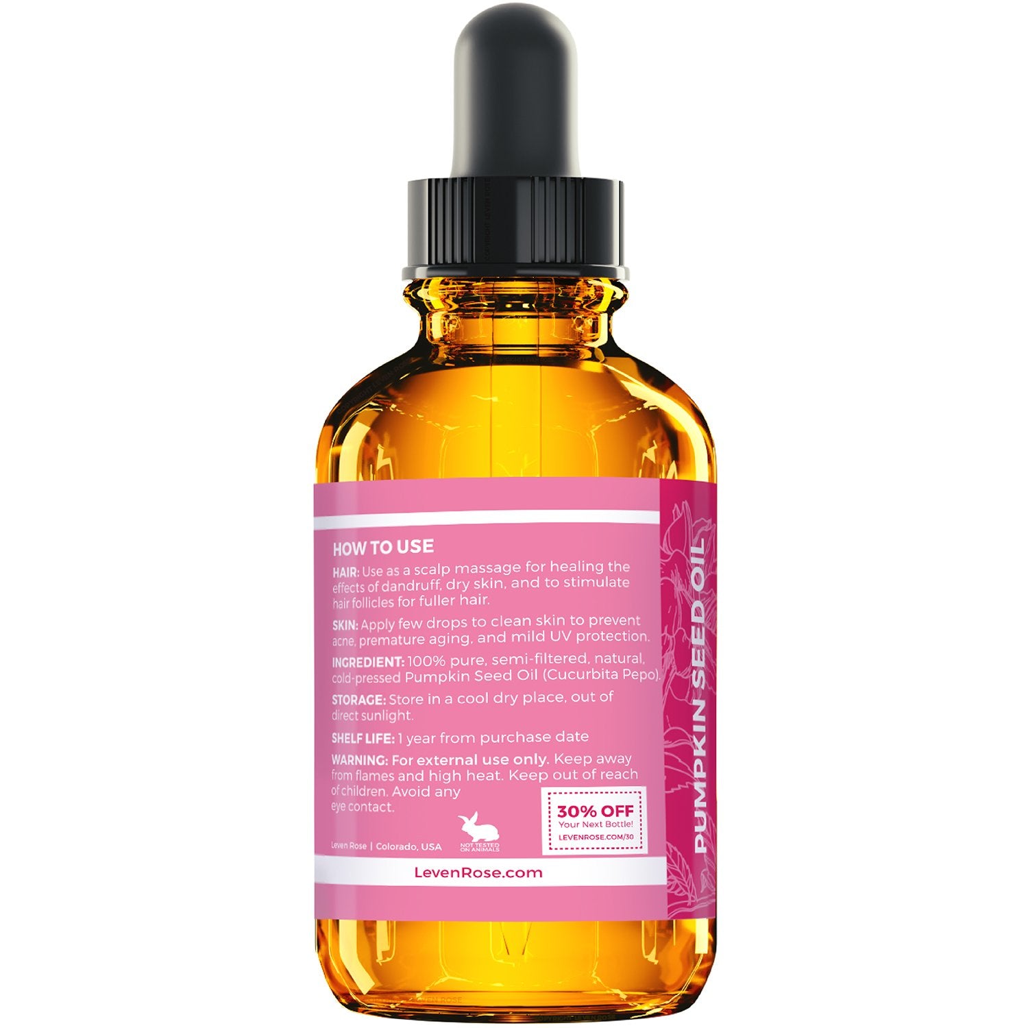 Leven Rose pumpkin seed oil hydrates dry skin for a healthy glow and elasticity
