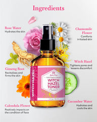Rose petals and botanicals in Leven Rose toner bottle highlight calming, naturally derived ingredients.